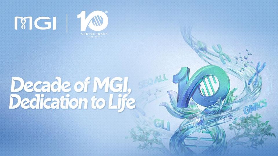 MGI 10th anniversary graphic with DNA motif and text reading “Decade of MGI, Dedication to Life.”