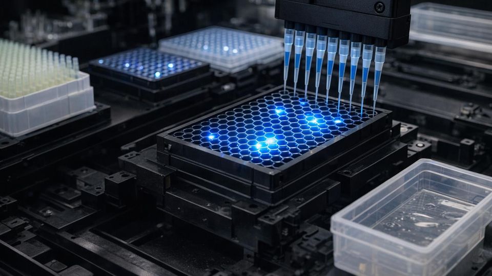 A multi-channel pipette hovers above a 96-well plate with some wells showing luminescence.