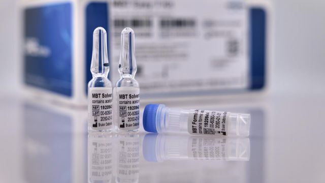 Laboratory MBT solvent vials and ampoules used for diagnostic sample preparation. 