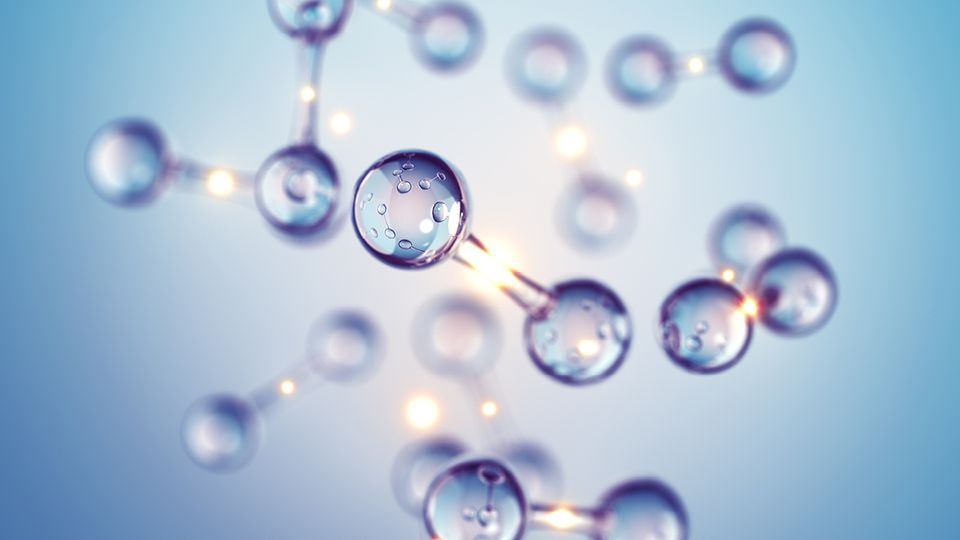 Abstract molecular spheres illustrating hydrogen quality control and purity analysis.