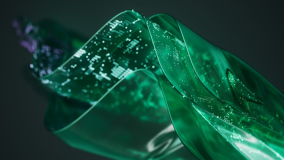 Layers of green plastic-like sheets, covered in glowing green dots like a motherboard.