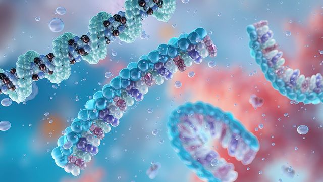 3D illustration of mRNA strands in solution for mass photometry analysis. 