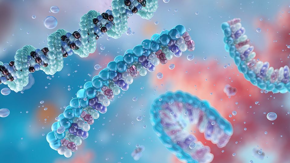 3D illustration of mRNA strands in solution for mass photometry analysis.