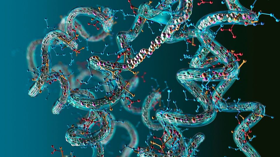 3D protein structures and molecular interactions, illustrating proteomics analysis.
