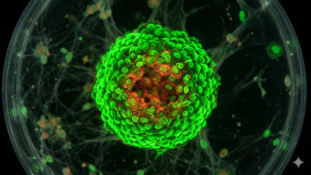Fluorescence micrograph of a multicellular tumor spheroid in a 3D cell culture drug screening assay. 