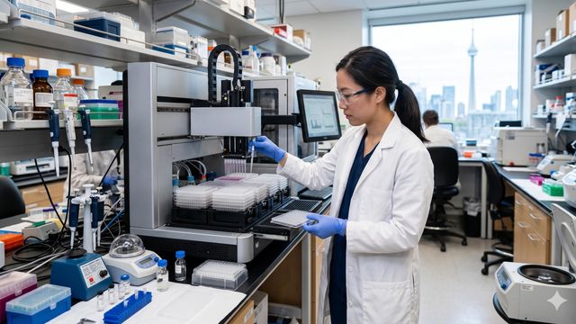 Scientist screening antibody candidates on a high-throughput biologics discovery platform in a laboratory. 