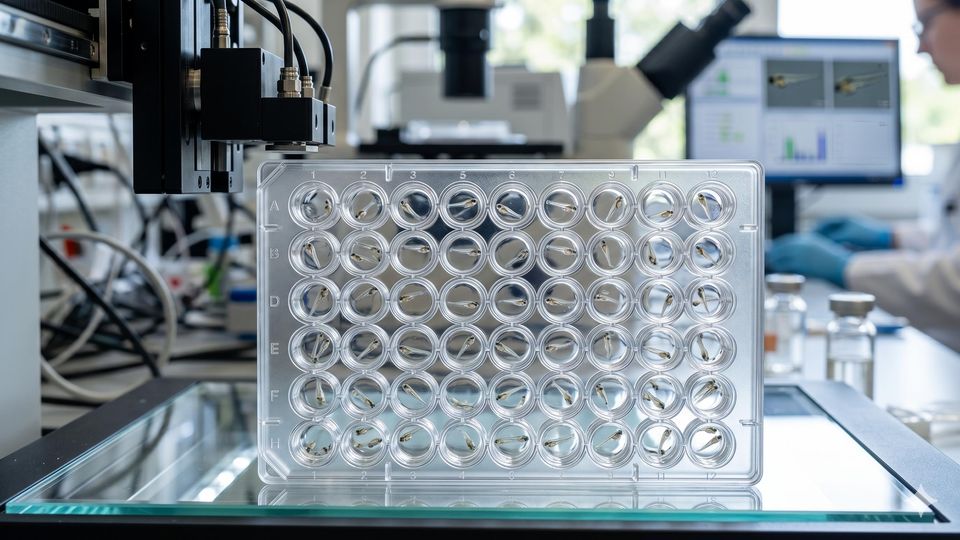 Zebrafish larvae arrayed in a multiwell plate for in vivo high-throughput drug screening.