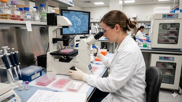 Scientist examining patient-derived cell cultures used in rare disease drug screening and orphan target discovery. 
