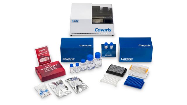 Covaris R230 system with truCOLLECT kit, bottles, tubes, plates, and lab consumables arranged on a clean background 