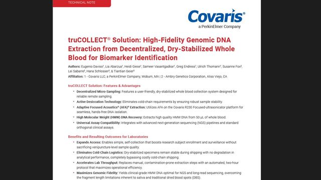 Covaris technical note on truCOLLECT solution for high-fidelity genomic DNA extraction from dry-stabilized whole blood samples 