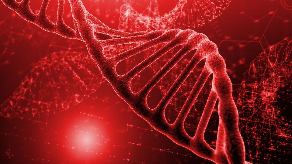 DNA helix with network nodes showing high-fidelity DNA extraction and biomarker analysis.