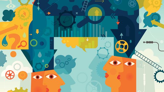Illustration of two heads linked by gears and a large arrow, symbolizing shared ideas and learning. 