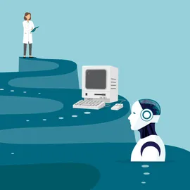 Illustration of a winding path from tablet and notebook to scientist, old computer, and robot.