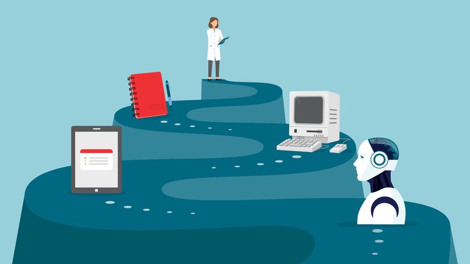 Illustration of a winding path from tablet and notebook to scientist, old computer, and robot.