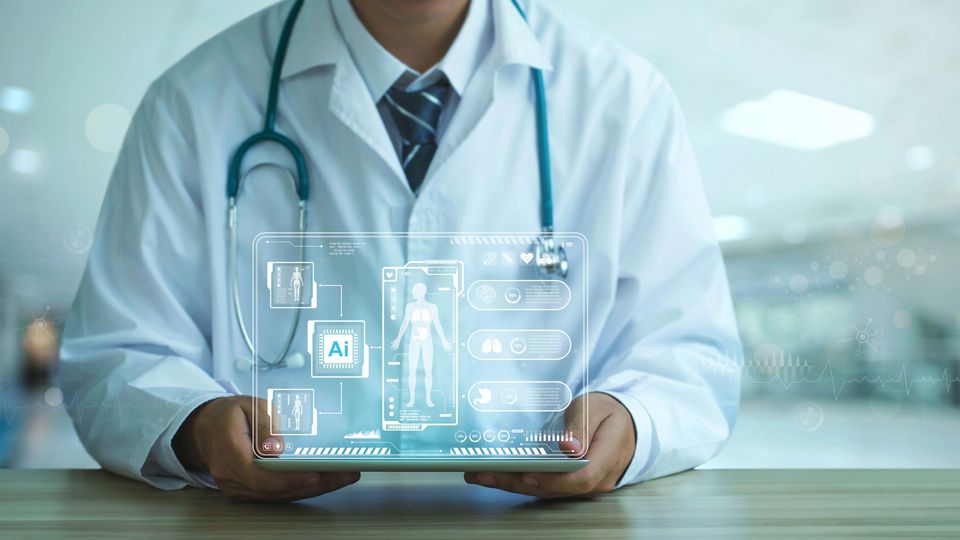 Doctor in a white coat holding a tablet projecting a hologram of patient data and AI icons. 
