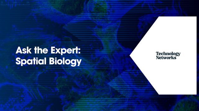 Blue scientific background with cells and "Ask the Expert: Spatial Biology" title  