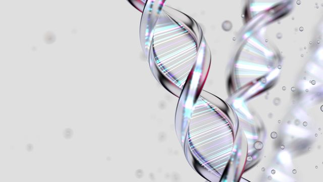 Illustration of DNA double helices. The DNA is iridescent and is on a light grey background. 