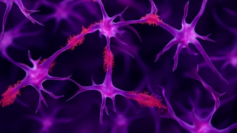 Render of neuronal network in purple, showing bodies of a neurons with dendrites branching off, covered in red plaques.