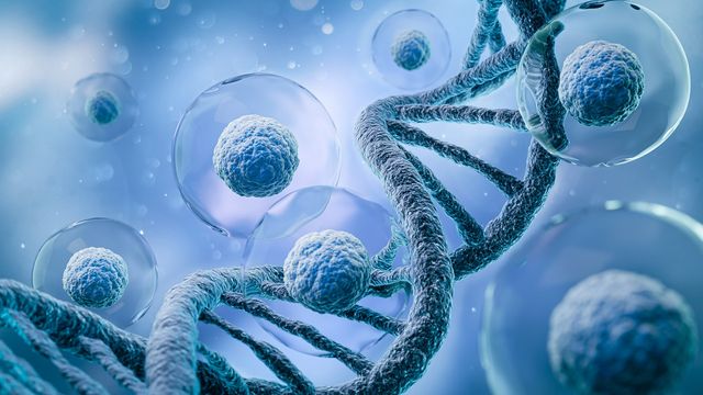Illustration of a DNA double helix surrounded by human cells floating on a blue background. 