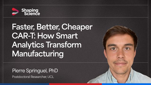 Dr. Pierre Springuel smiling next to the title of his interview 'Faster, Better, Cheaper CAR-T: How Smart Analytics Transform Manufacturing.' 