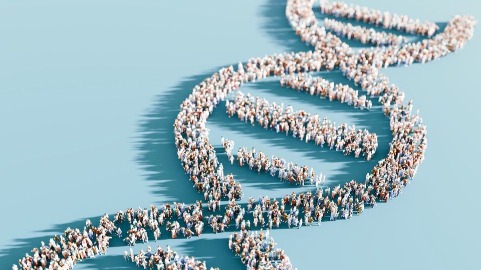 Illustration of diverse people forming a DNA strand.