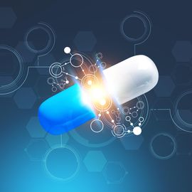 Illustration of a white and blue medicinal capsule split in half. Between the two halves are circles and lines representing molecules. 