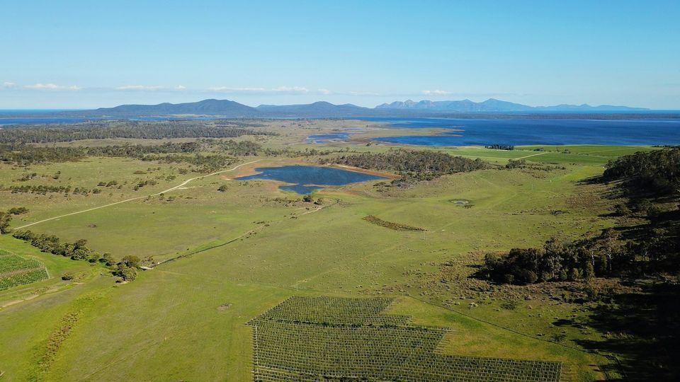 Aerial view of green farmland, lakes, and distant mountains under a clear blue sky.