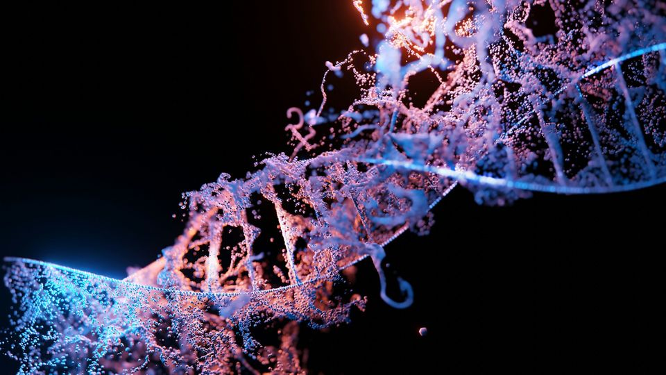 A 3D render of a DNA double helix made of blue, white, and silver textured spheres.