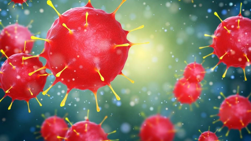 Illustration of red virus particles in a microscopic environment.