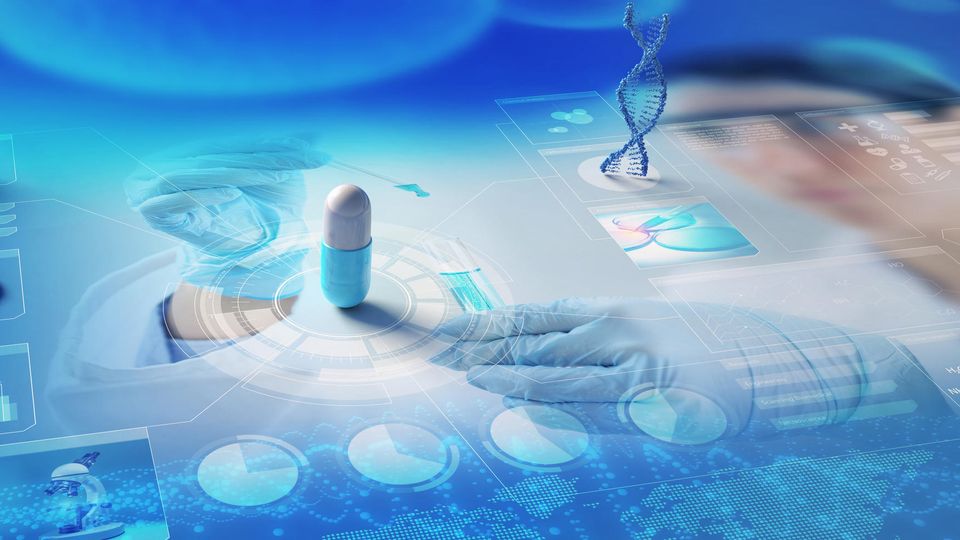 Illustration of a blue and white medicinal capsule sitting on a blue holographic display of scientific data.