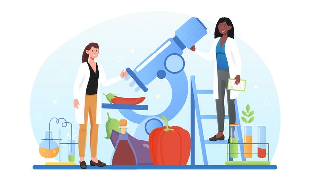 A cartoon image of two scientists beside a giant microscope with peppers, flasks, and test tubes. 