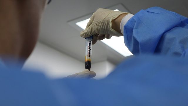 Researcher holding a blood sample tube in a laboratory during medical testing and analysis. 