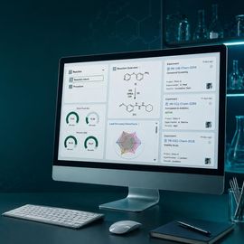 A computer on a desk with a microscope, glass beakers and the screen is showing different graphs. 