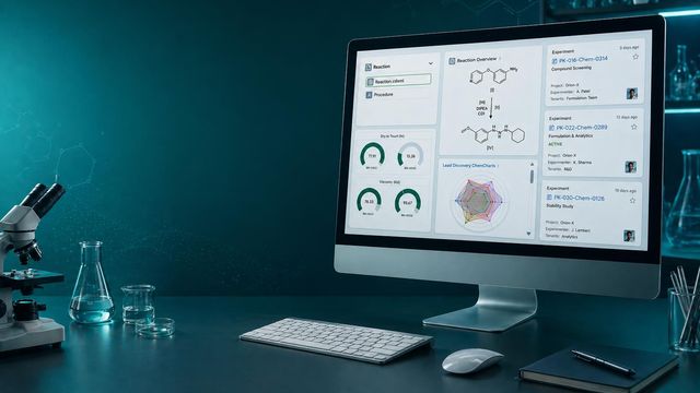 A computer on a desk with a microscope, glass beakers and the screen is showing different graphs. 