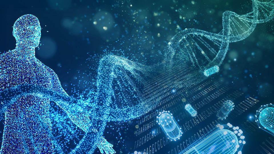 Glowing human silhouette with DNA helix and floating nucleotide strands on blue background.