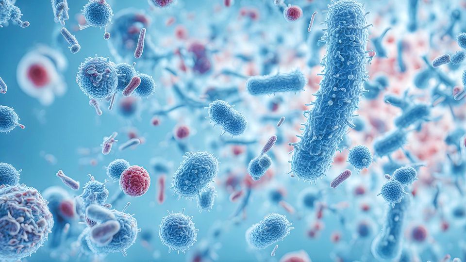 Illustration of a variety of rod-shaped and cocci bacteria floating on a blue background. 