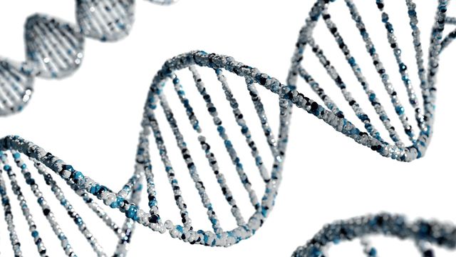 A 3D render of a DNA double helix made of blue, white, and silver textured spheres against a white background. 