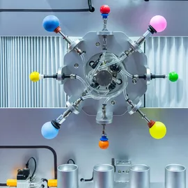 Re Engineer Gas Chromatography system with multi-port valve assembly and color-coded flow controls in laboratory instrumentation.
