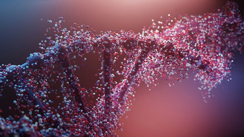 3D DNA helix with floating particles illustrating genetic research.