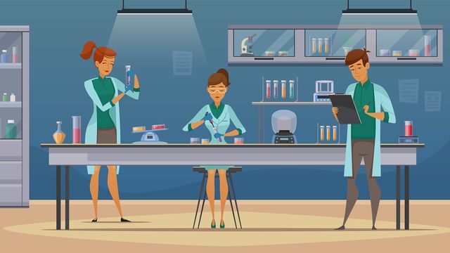Animated Scientists in a laboratory conduct experiments, handling test tubes and recording observations at a lab bench. 