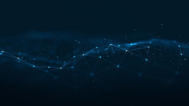 Abstract blue light pattern with connected glowing nodes and digital network lines on dark background. 