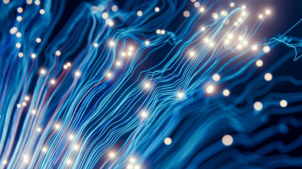Abstract blue data strings with glowing nodes illustrating digital networks and data flow.