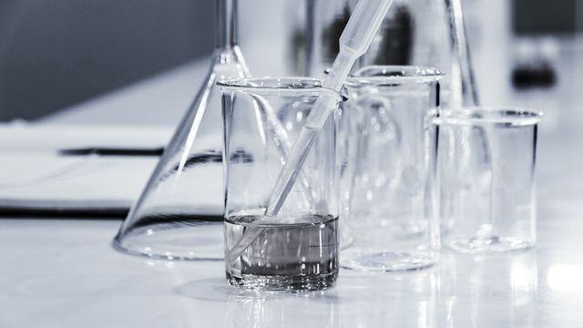 Laboratory beakers, funnel, and pipette used for scientific research. 