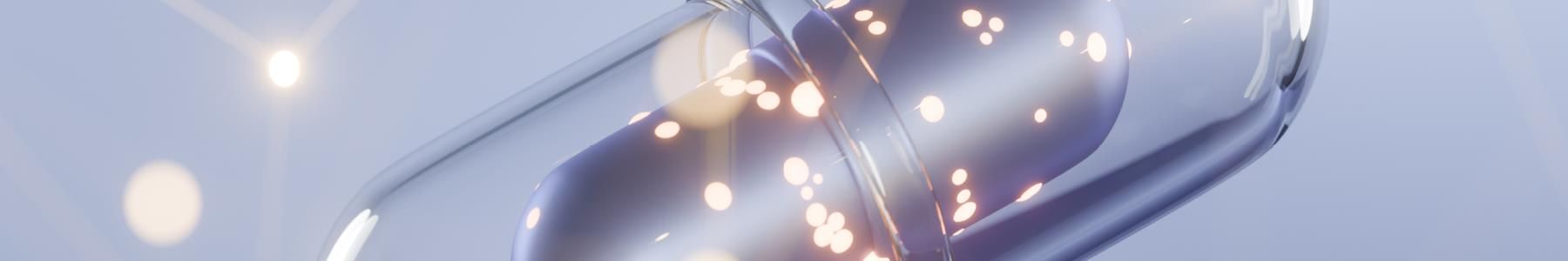 Bioprocessing capsule illustration with glowing particles inside a transparent pharmaceutical capsule 