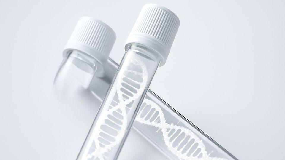 Two clear test tubes containing a representation of white DNA double helices. 