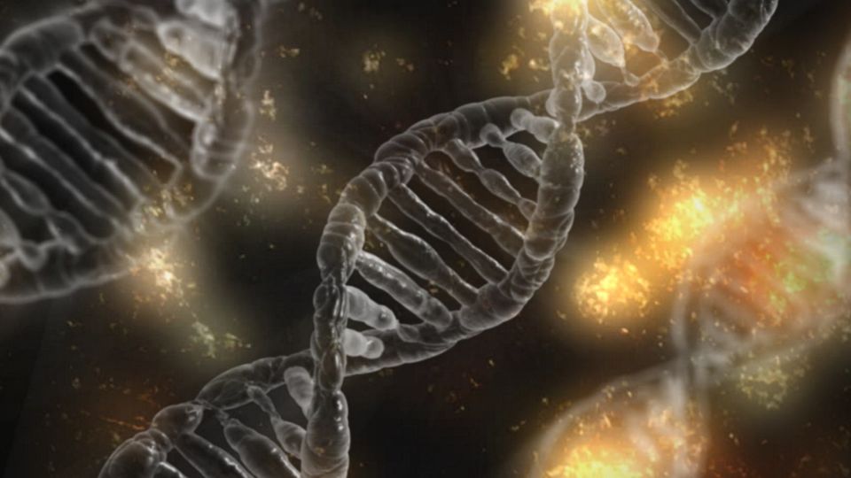3D DNA helix strands glowing against a dark background.