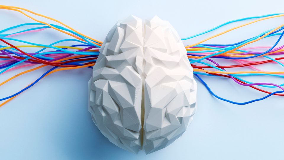 Low-poly brain model with colorful wires representing neural connections.