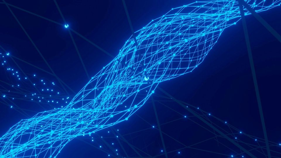 Abstract blue network of interconnected lines and glowing nodes on a dark blue background.