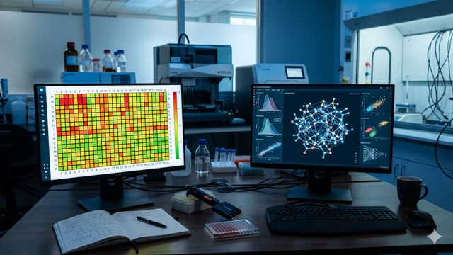 Dual-monitor workstation in a drug discovery lab displaying HTS assay heatmap and AI molecular network visualization. 