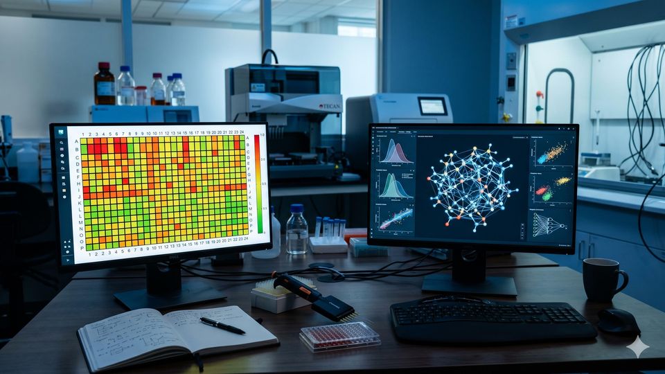 Dual-monitor workstation in a drug discovery lab displaying HTS assay heatmap and AI molecular network visualization.